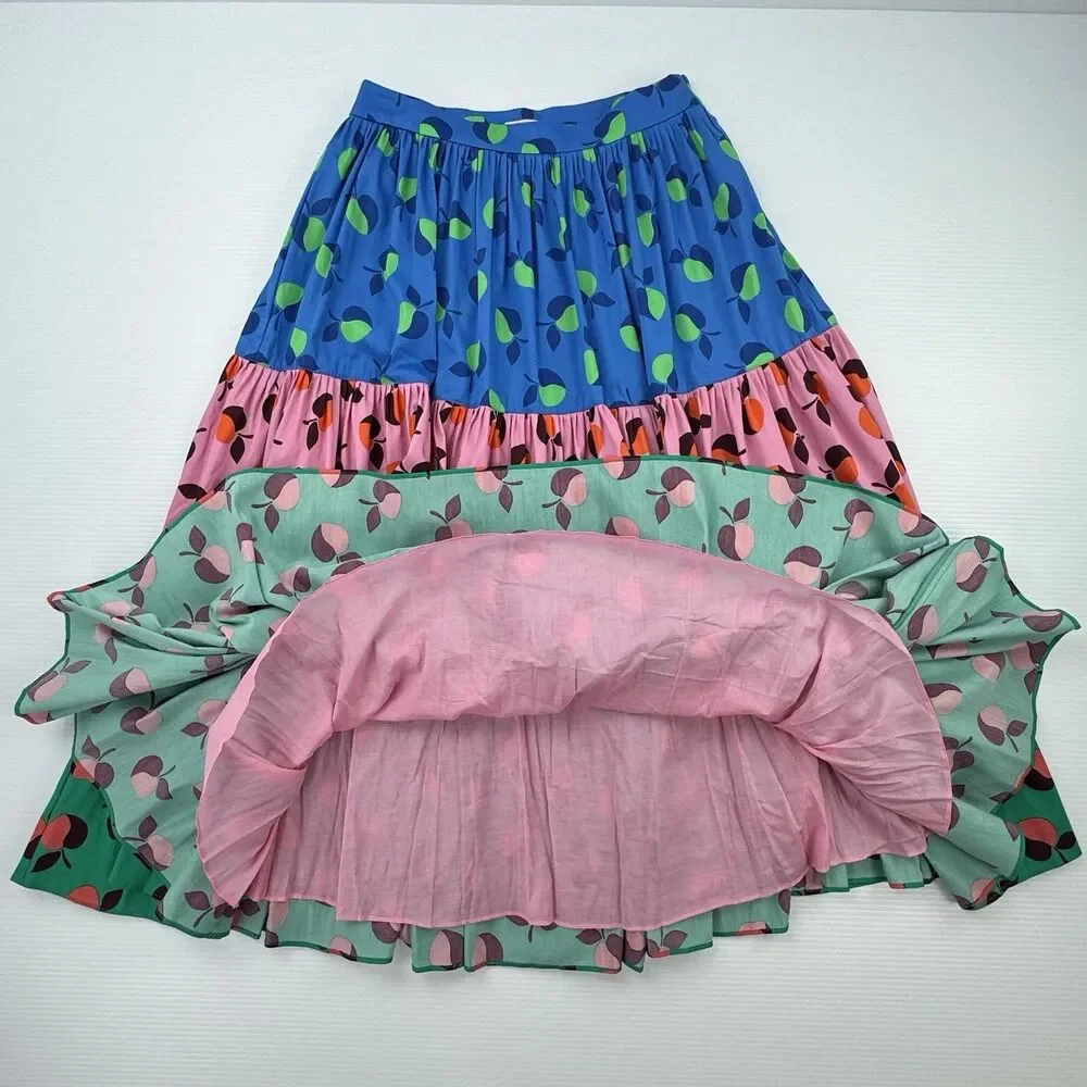 Kate Spade New York Skirt Size 10 Fruit Print Tiered Cotton Maxi Colorblock